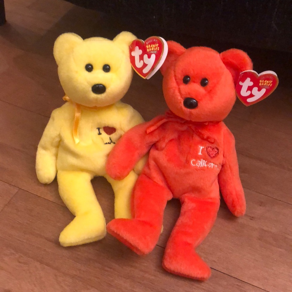 2 TYBear Beanie Babies Stuffed Plush Yellow LA Bear Orange California Bear